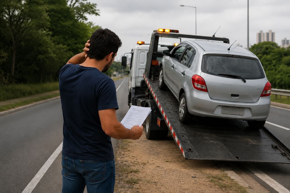 Pessoa observando seu carro ser levado por um guincho
